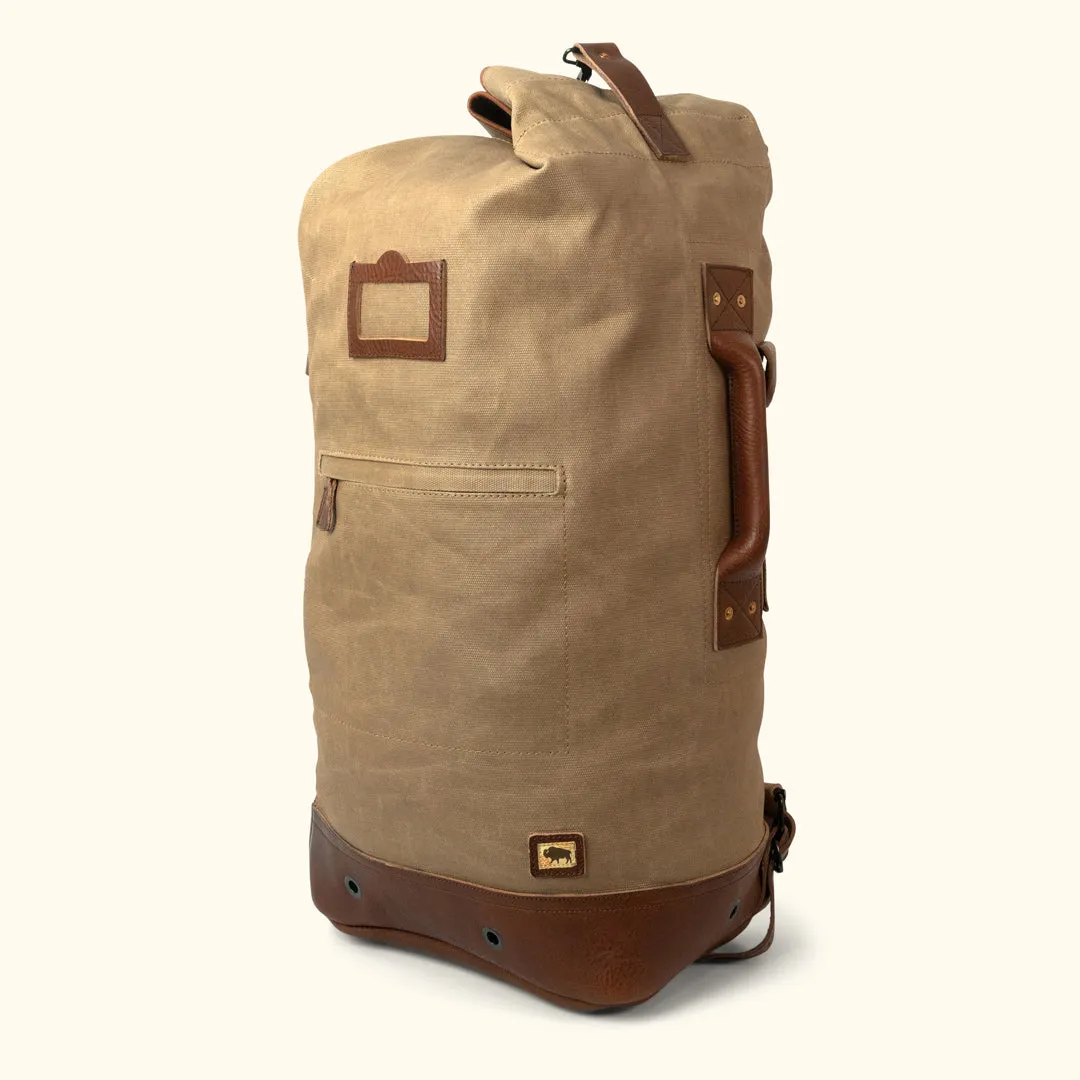 Dakota Waxed Canvas Military Sea Bag Backpack | Field Khaki w/ Chestnut Brown Leather