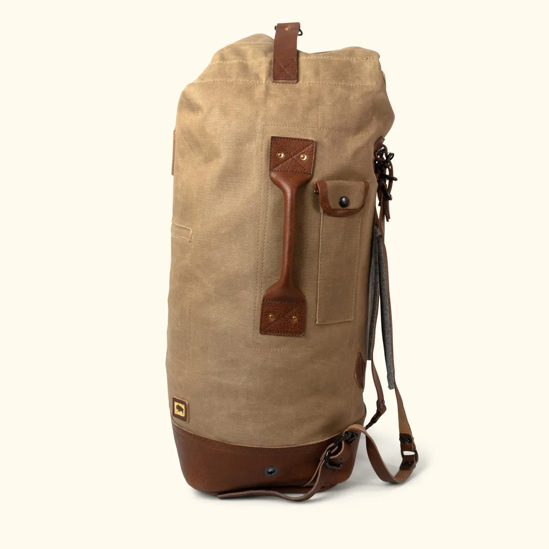 Dakota Waxed Canvas Military Sea Bag Backpack | Field Khaki w/ Chestnut Brown Leather