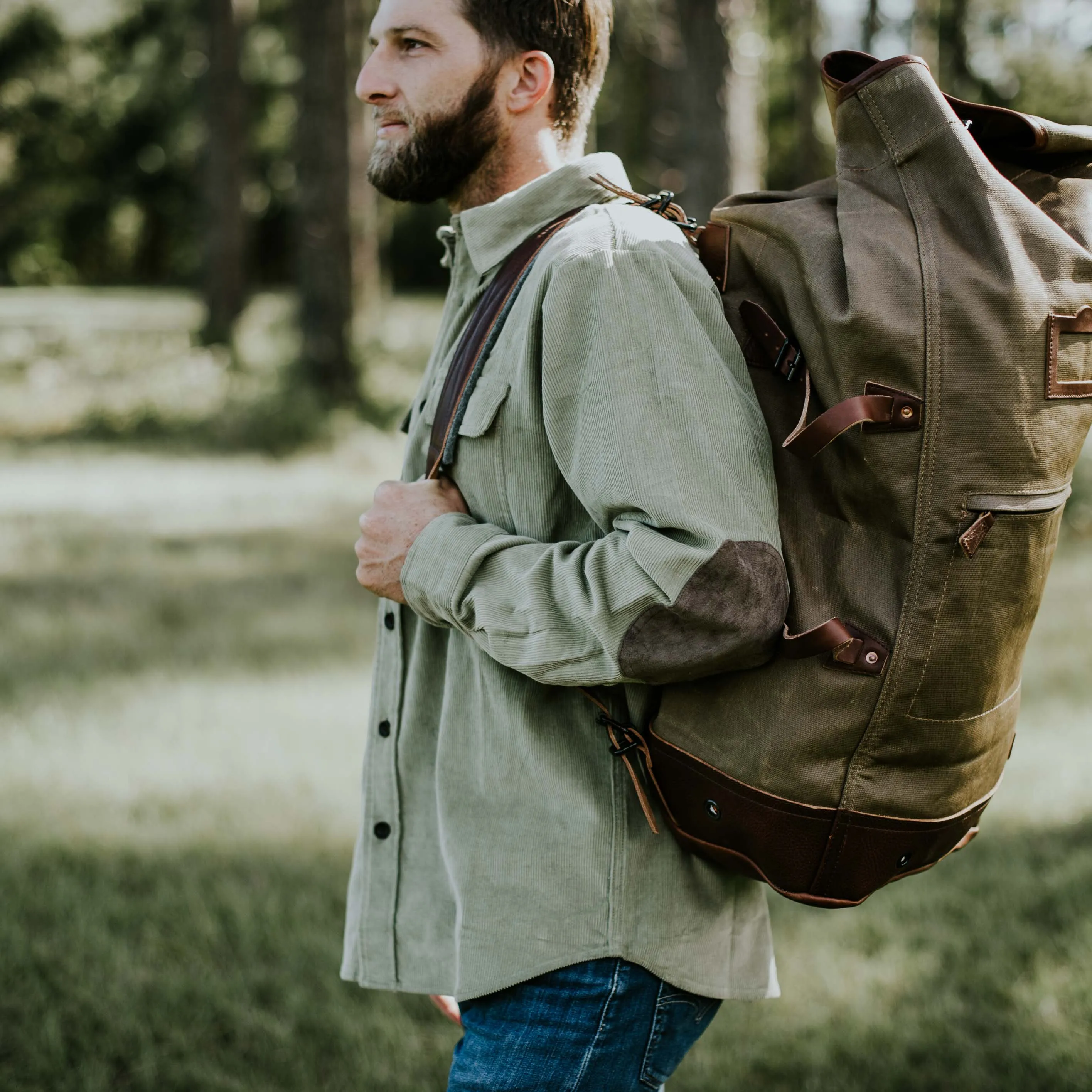 Dakota Waxed Canvas Military Sea Bag Backpack | Field Khaki w/ Chestnut Brown Leather