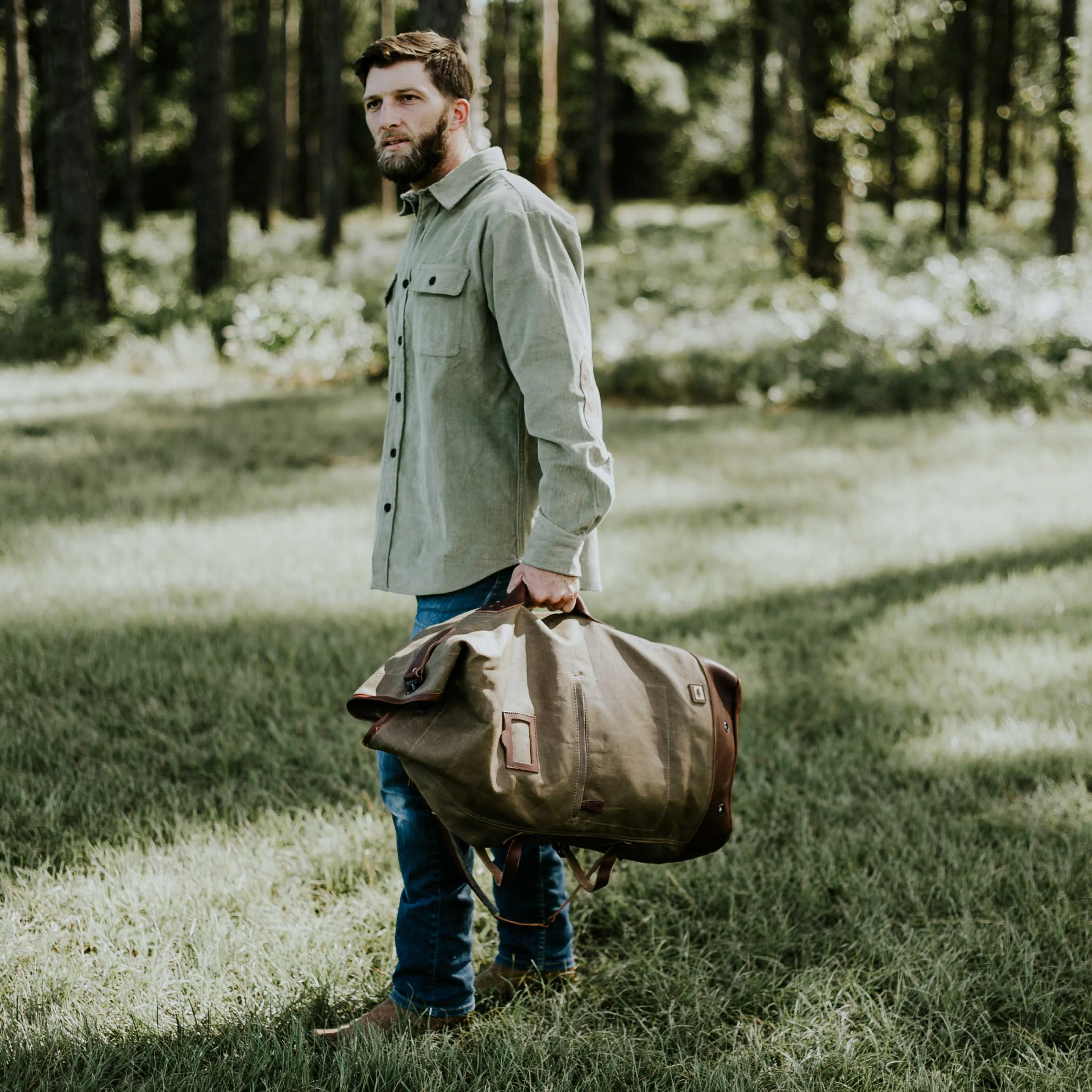Dakota Waxed Canvas Military Sea Bag Backpack | Field Khaki w/ Chestnut Brown Leather
