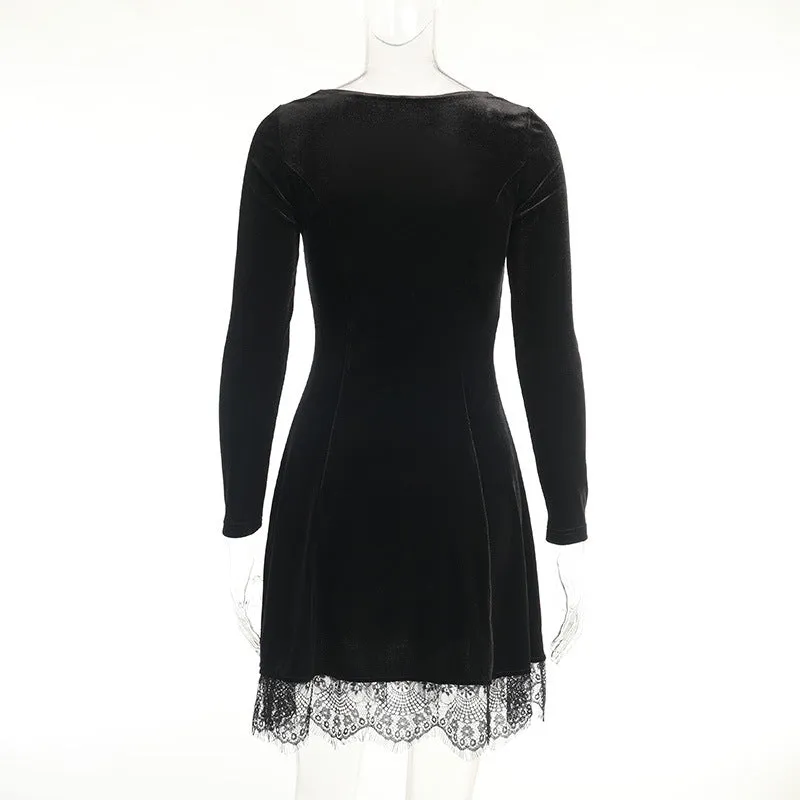 Dark gothic lace trim long sleeve Korea velvet stitching round neck skater mini dress