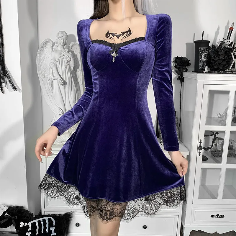 Dark gothic lace trim long sleeve Korea velvet stitching round neck skater mini dress