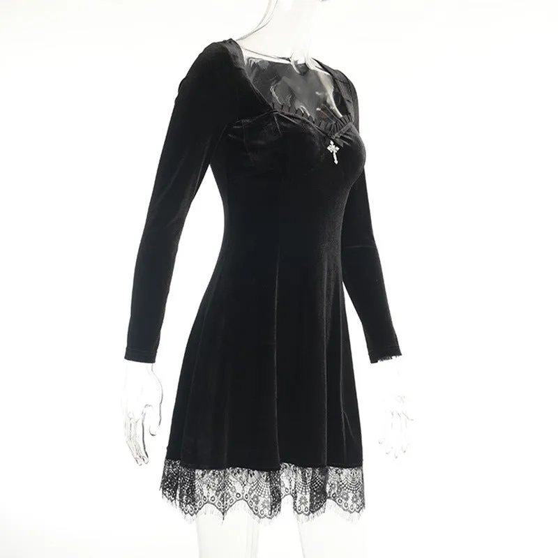 Dark gothic lace trim long sleeve Korea velvet stitching round neck skater mini dress