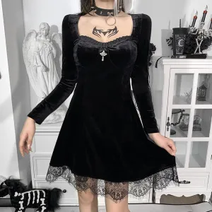 Dark gothic lace trim long sleeve Korea velvet stitching round neck skater mini dress