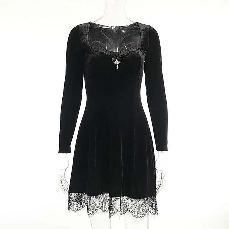 Dark gothic lace trim long sleeve Korea velvet stitching round neck skater mini dress
