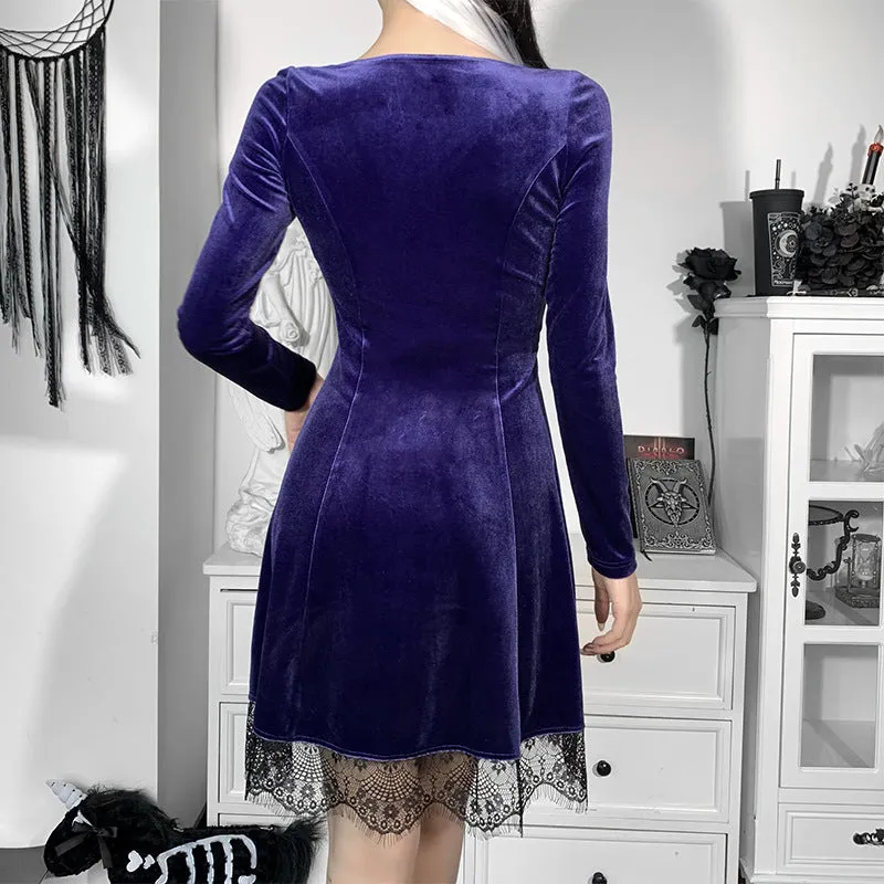 Dark gothic lace trim long sleeve Korea velvet stitching round neck skater mini dress