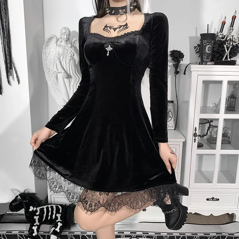 Dark gothic lace trim long sleeve Korea velvet stitching round neck skater mini dress