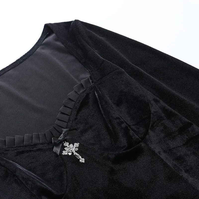 Dark gothic lace trim long sleeve Korea velvet stitching round neck skater mini dress