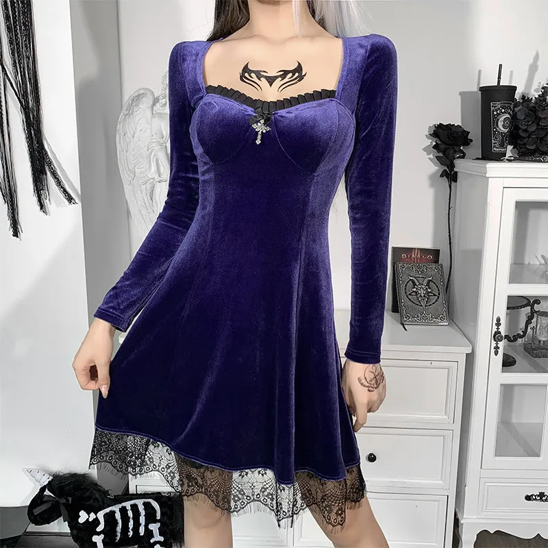 Dark gothic lace trim long sleeve Korea velvet stitching round neck skater mini dress