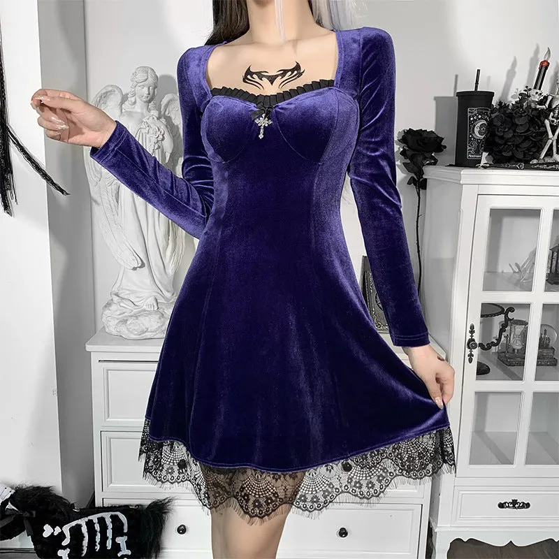 Dark gothic lace trim long sleeve Korea velvet stitching round neck skater mini dress