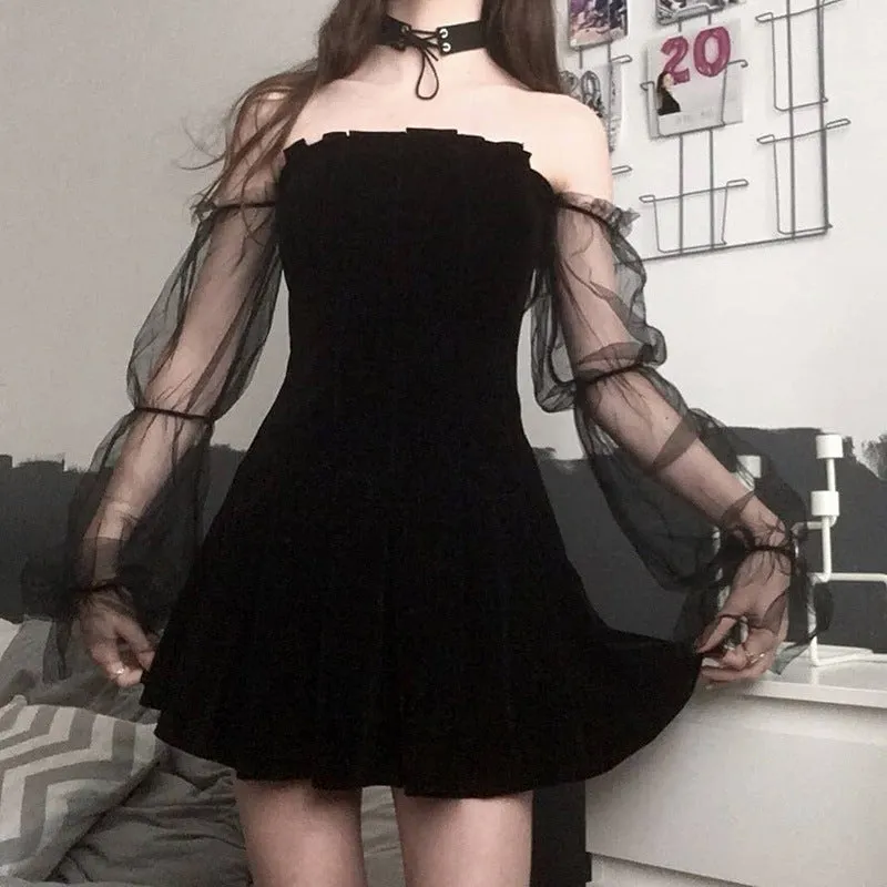Dark Lolita sexy mesh velvet pleated skirt high waist wrap chic halter dress festive gothic