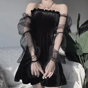 Dark Lolita sexy mesh velvet pleated skirt high waist wrap chic halter dress festive gothic