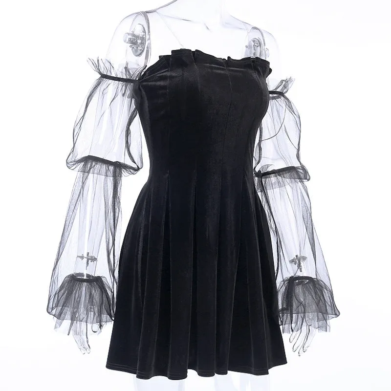 Dark Lolita sexy mesh velvet pleated skirt high waist wrap chic halter dress festive gothic