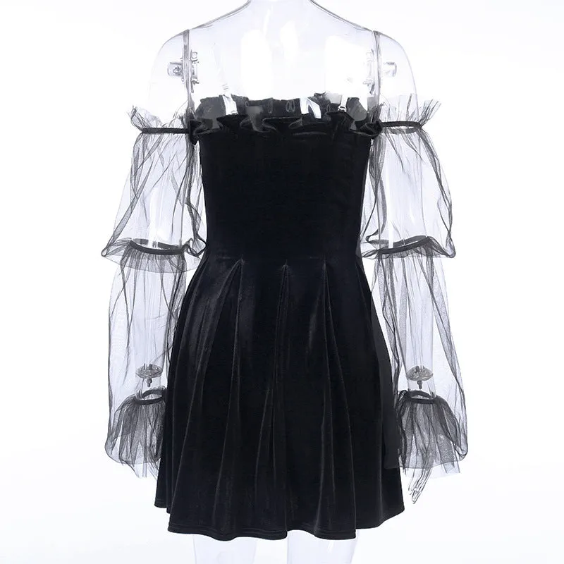 Dark Lolita sexy mesh velvet pleated skirt high waist wrap chic halter dress festive gothic