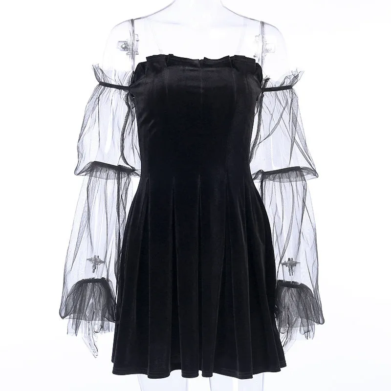 Dark Lolita sexy mesh velvet pleated skirt high waist wrap chic halter dress festive gothic