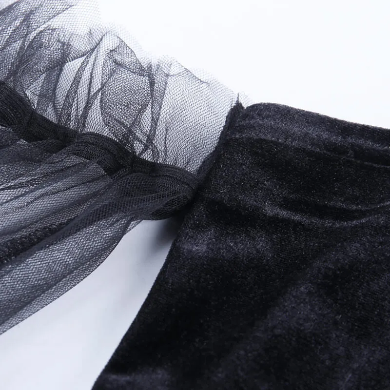 Dark Lolita sexy mesh velvet pleated skirt high waist wrap chic halter dress festive gothic