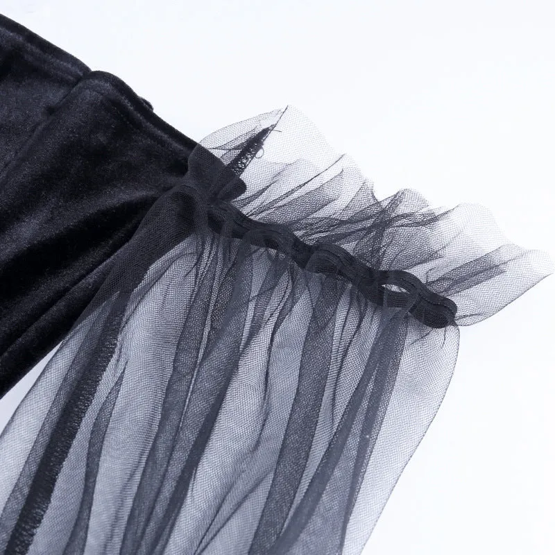 Dark Lolita sexy mesh velvet pleated skirt high waist wrap chic halter dress festive gothic
