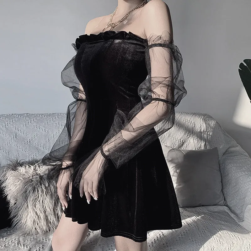 Dark Lolita sexy mesh velvet pleated skirt high waist wrap chic halter dress festive gothic