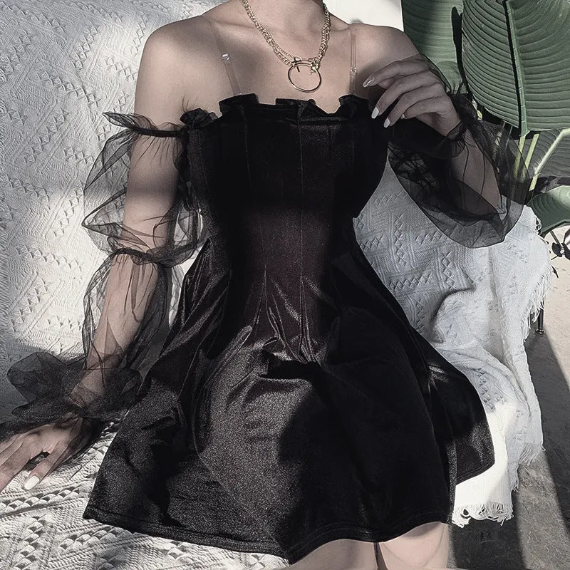Dark Lolita sexy mesh velvet pleated skirt high waist wrap chic halter dress festive gothic