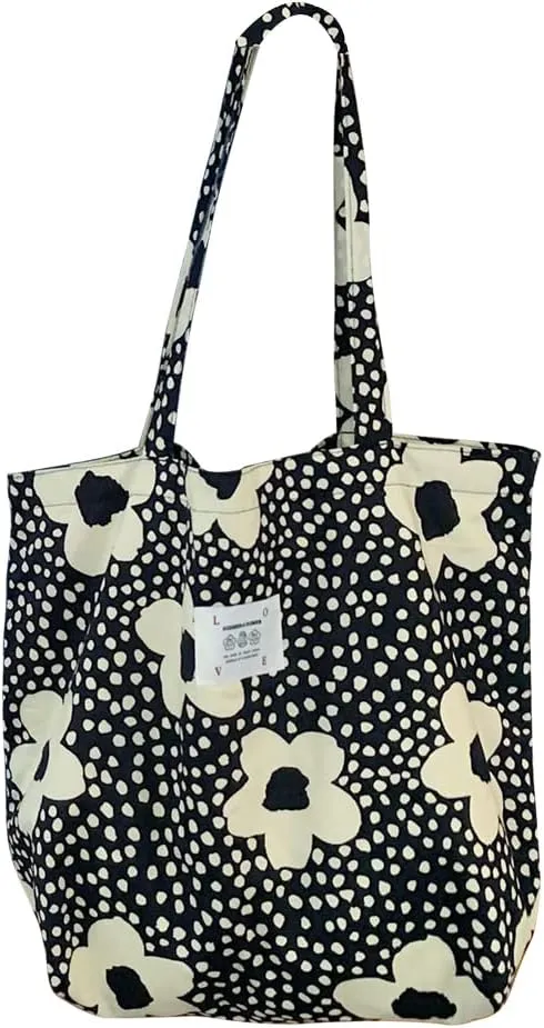 DAYLINE Women canvas Tote Bag school Shoulder Bag with zipper Work Beach Lunch Travel Reusable Shopping Grocery Bag, Black Flower, Large