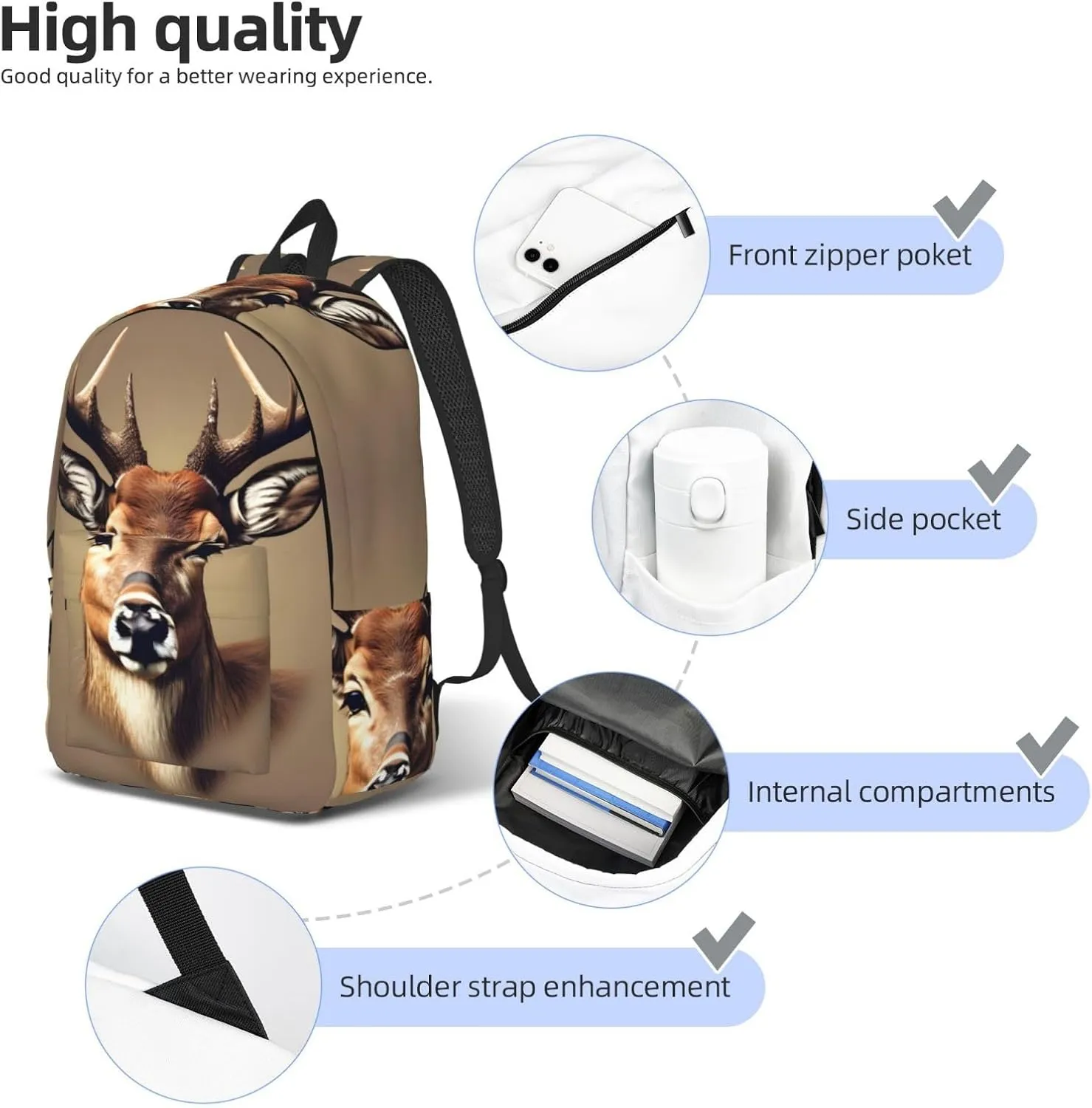 Deer Head Printing Print Canvas Backpack Women,Mens Travel Casual Daypack Bookbag For Laptop Work Travel Hiking