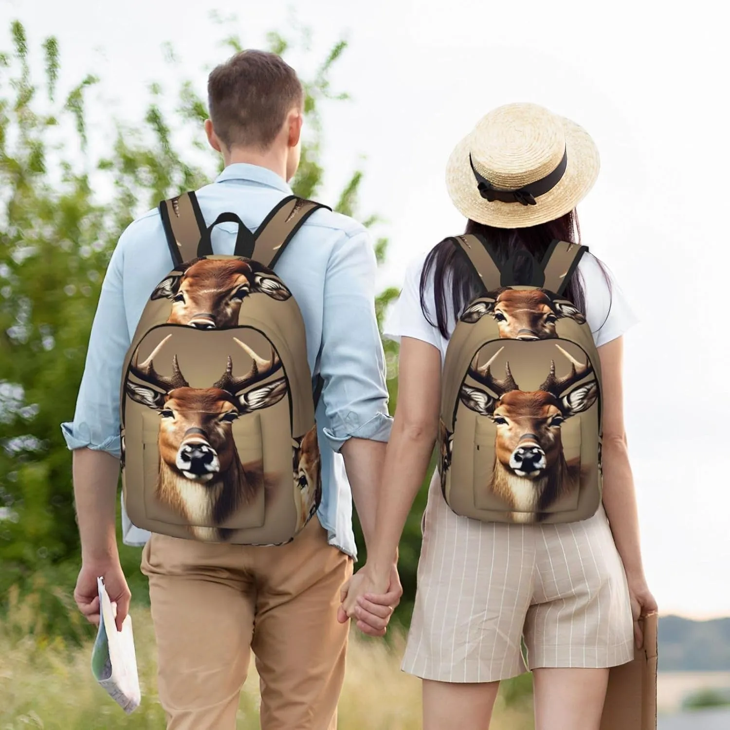 Deer Head Printing Print Canvas Backpack Women,Mens Travel Casual Daypack Bookbag For Laptop Work Travel Hiking