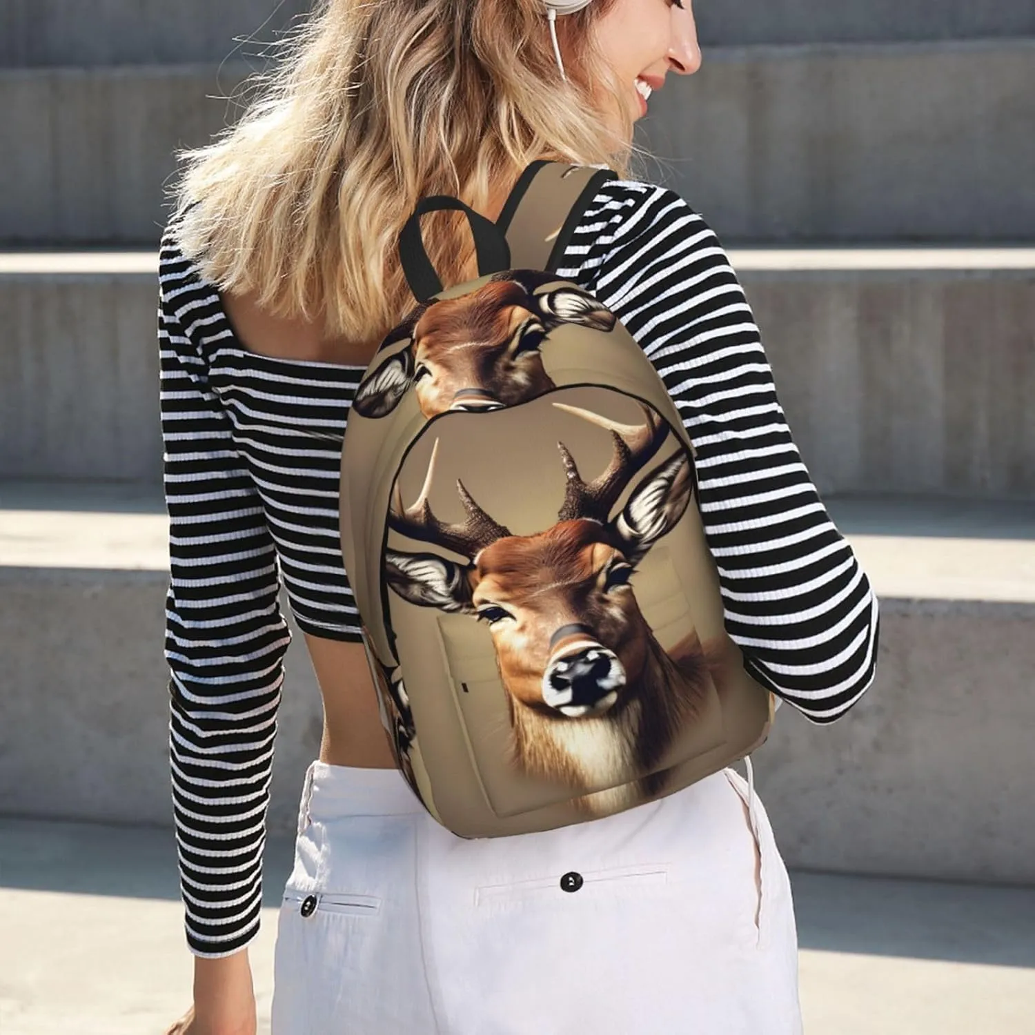 Deer Head Printing Print Canvas Backpack Women,Mens Travel Casual Daypack Bookbag For Laptop Work Travel Hiking