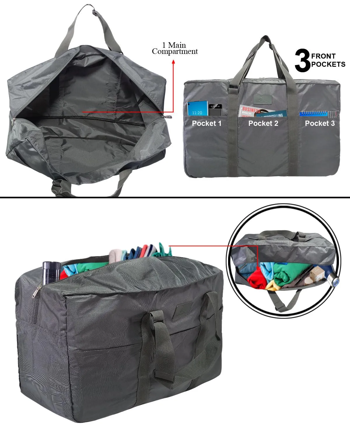 Deeya Ballistic Nylon Large Size Unisex Foldable Travel Duffle Bag with Small Cover Bag (Grey)