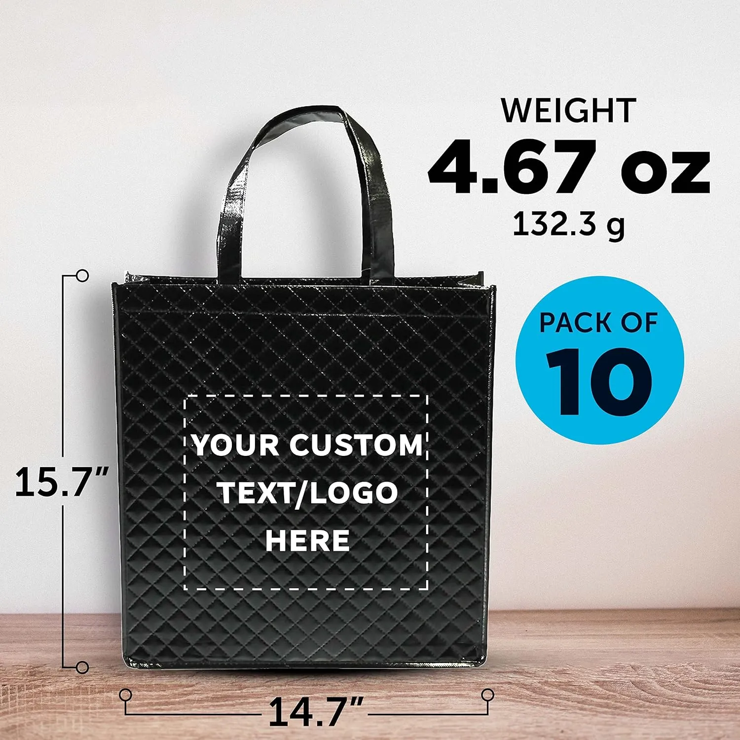 DISCOUNT PROMOS Custom Laminated Tote Bags Set of 10, Personalized Bulk Pack - Great for Shopping, Beach & More - Black