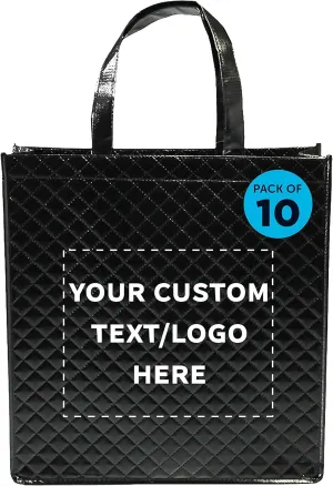 DISCOUNT PROMOS Custom Laminated Tote Bags Set of 10, Personalized Bulk Pack - Great for Shopping, Beach & More - Black