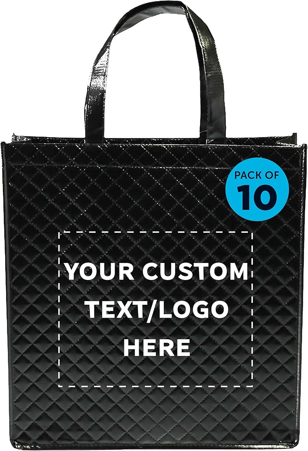 DISCOUNT PROMOS Custom Laminated Tote Bags Set of 10, Personalized Bulk Pack - Great for Shopping, Beach & More - Black