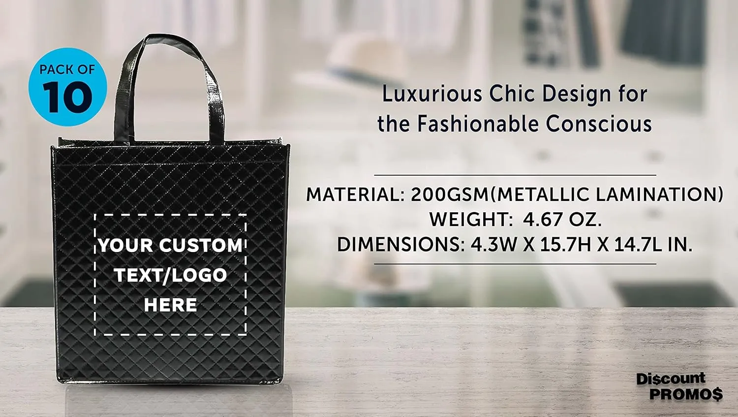 DISCOUNT PROMOS Custom Laminated Tote Bags Set of 10, Personalized Bulk Pack - Great for Shopping, Beach & More - Black
