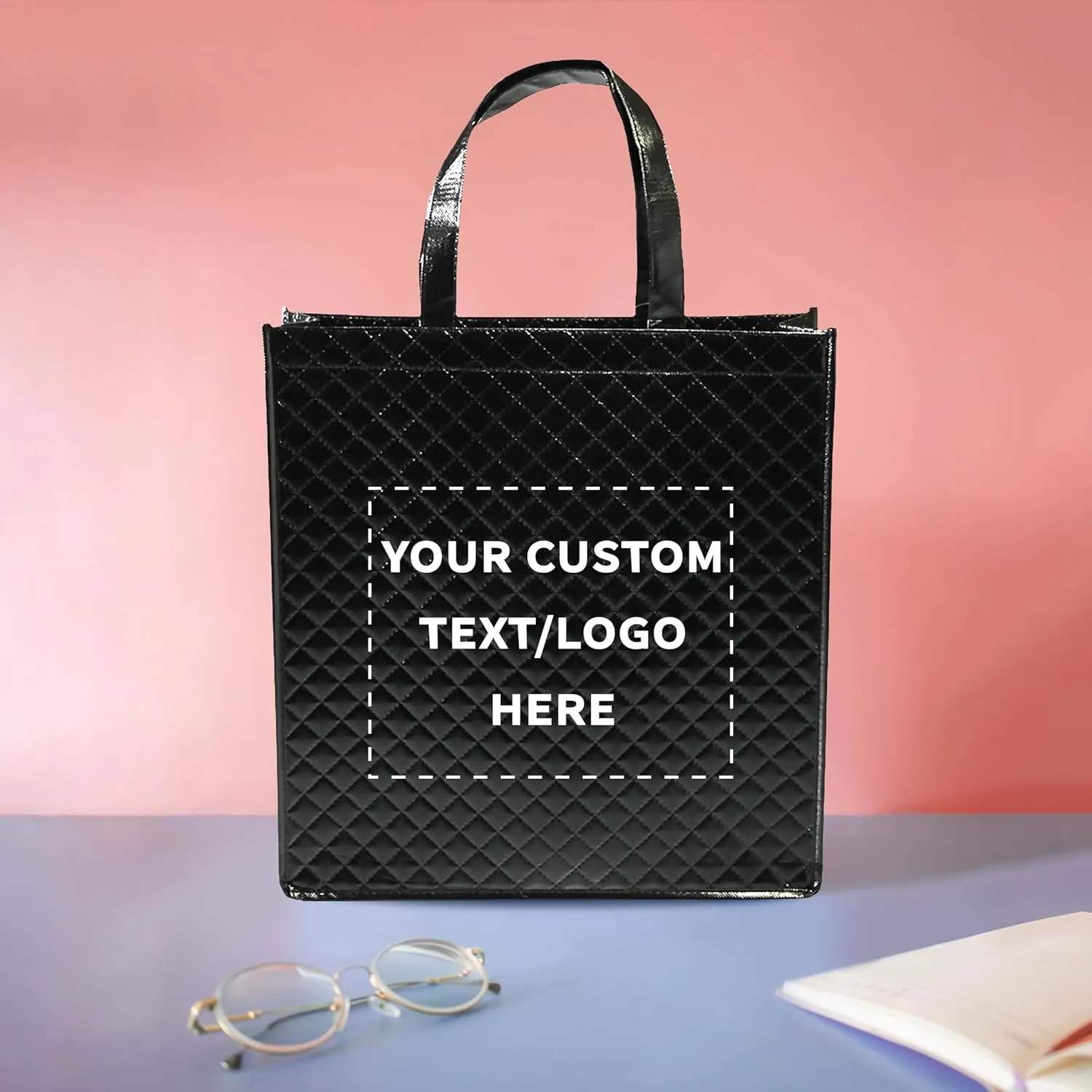 DISCOUNT PROMOS Custom Laminated Tote Bags Set of 10, Personalized Bulk Pack - Great for Shopping, Beach & More - Black