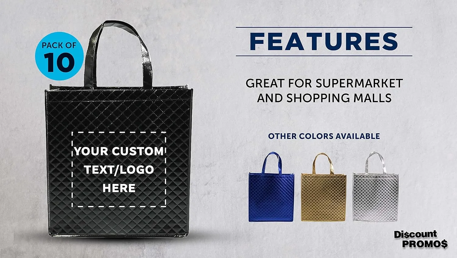 DISCOUNT PROMOS Custom Laminated Tote Bags Set of 10, Personalized Bulk Pack - Great for Shopping, Beach & More - Black
