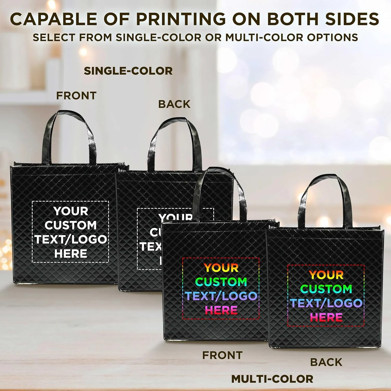 DISCOUNT PROMOS Custom Laminated Tote Bags Set of 10, Personalized Bulk Pack - Great for Shopping, Beach & More - Black