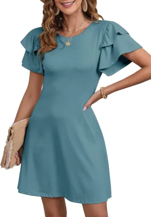 Dokotoo Women 2025 Summer Ruffle Edge Sleeve Dresses Floral Casual Beach Mini Dress with Pocket