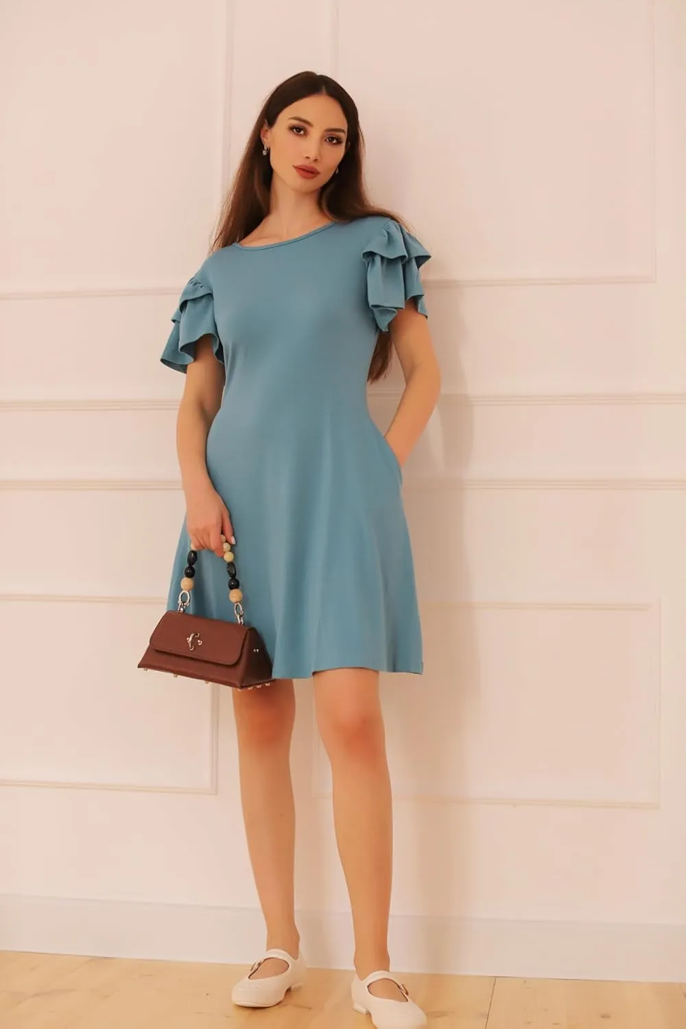 Dokotoo Women 2025 Summer Ruffle Edge Sleeve Dresses Floral Casual Beach Mini Dress with Pocket