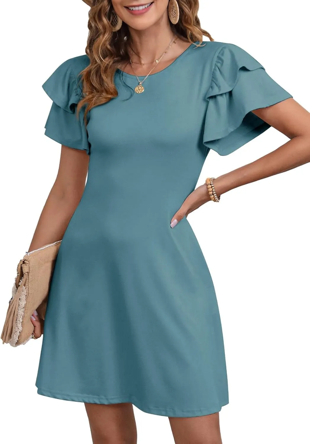 Dokotoo Women 2025 Summer Ruffle Edge Sleeve Dresses Floral Casual Beach Mini Dress with Pocket