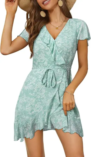 Dokotoo Womens Summer Dresses 2025 Deep V Neck Ruffle Floral Flowy Mini Dress Sundresses Vacation Beach Outfits for Women