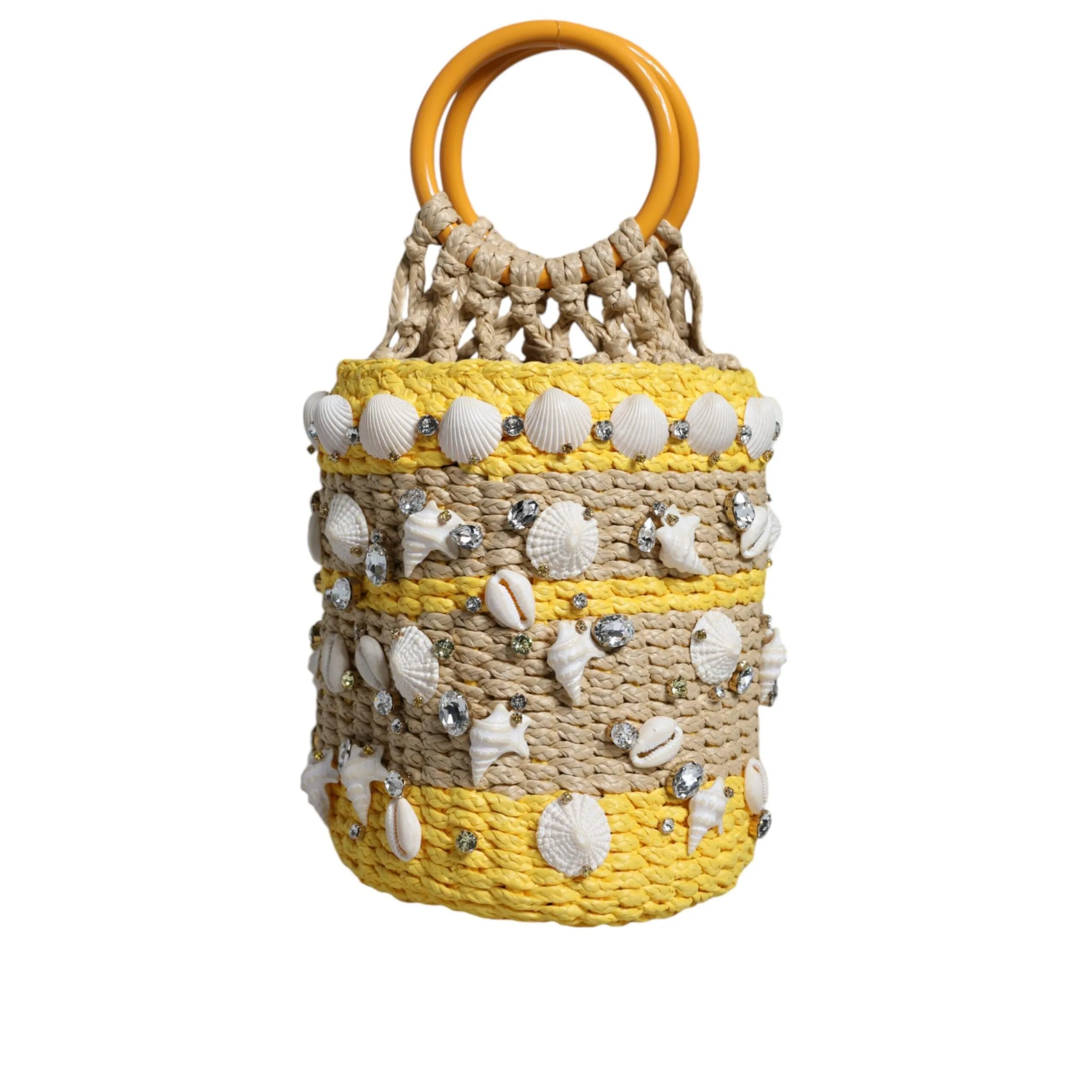 Dolce & Gabbana Beige Yellow Rafia Seashells Crystal Bucket Bag