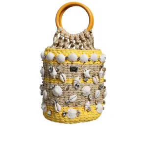 Dolce & Gabbana Beige Yellow Rafia Seashells Crystal Bucket Bag
