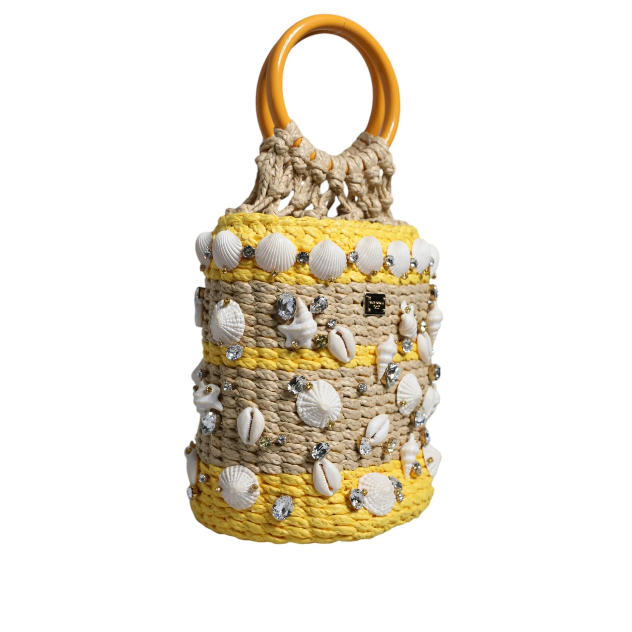 Dolce & Gabbana Beige Yellow Rafia Seashells Crystal Bucket Bag