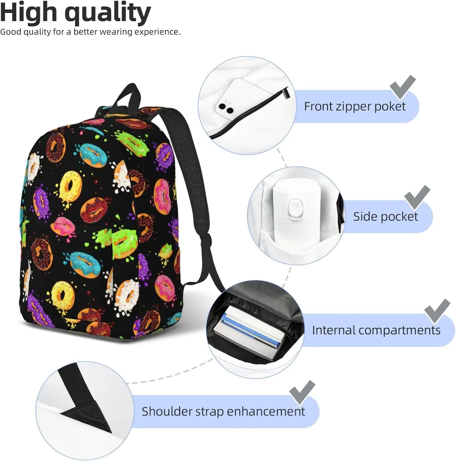 Donut Print Canvas Backpack Women,Mens Travel Casual Daypack Bookbag For Laptop Work Travel Hiking