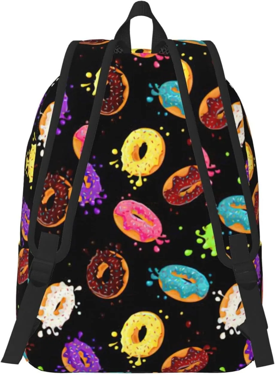 Donut Print Canvas Backpack Women,Mens Travel Casual Daypack Bookbag For Laptop Work Travel Hiking
