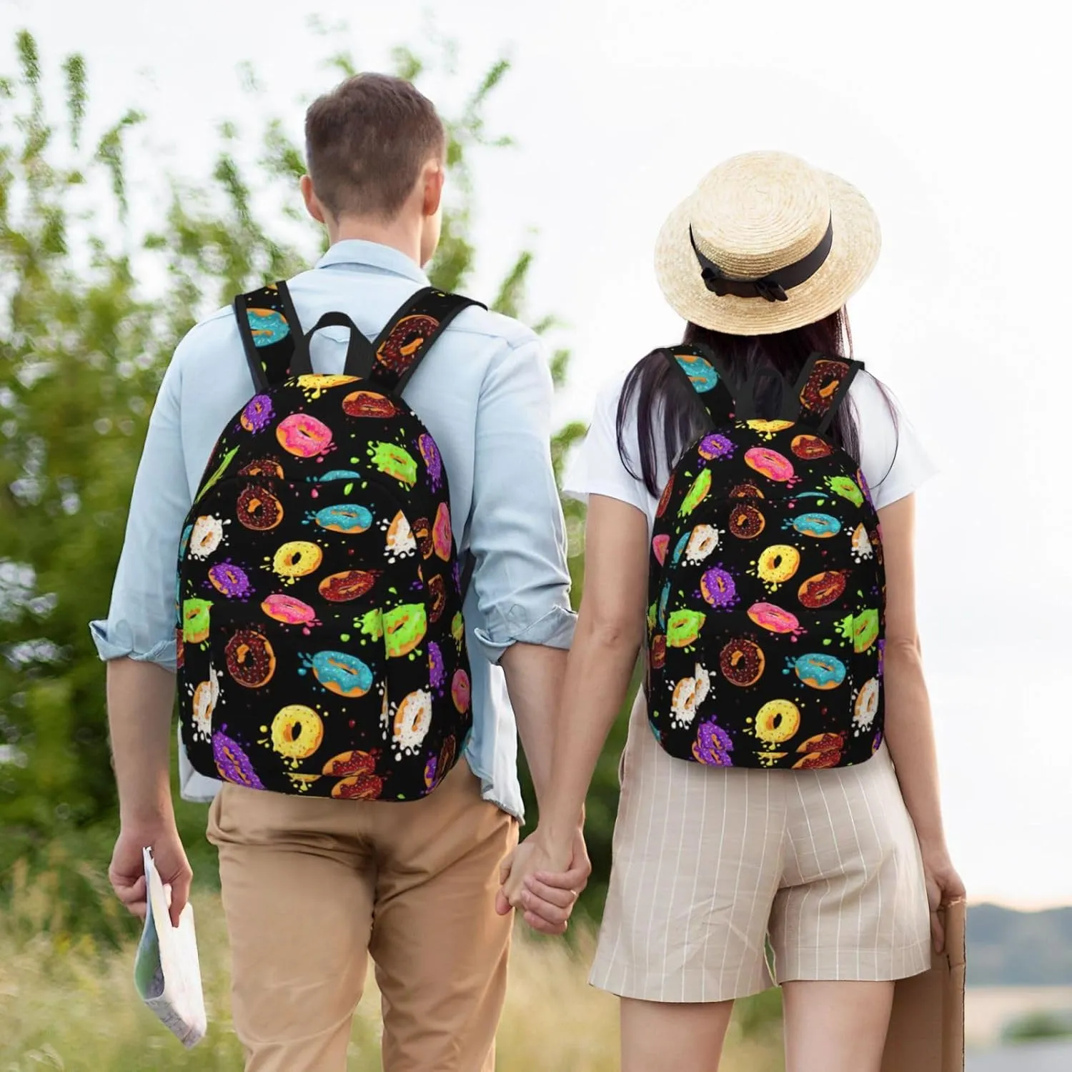 Donut Print Canvas Backpack Women,Mens Travel Casual Daypack Bookbag For Laptop Work Travel Hiking