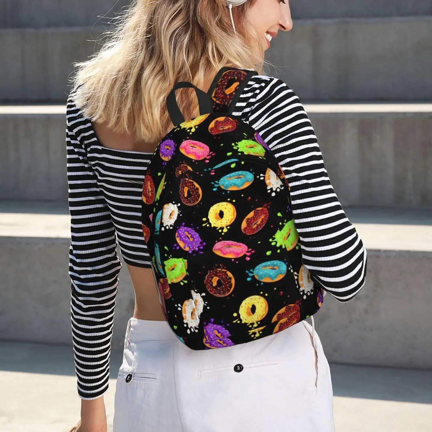 Donut Print Canvas Backpack Women,Mens Travel Casual Daypack Bookbag For Laptop Work Travel Hiking