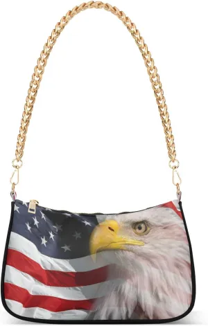 Eagle American Flag Shoulder Handbags for Women Travel Hobo Tote Handbag Women Gold Chain Shoulder Bags Purse with Zipper Closure