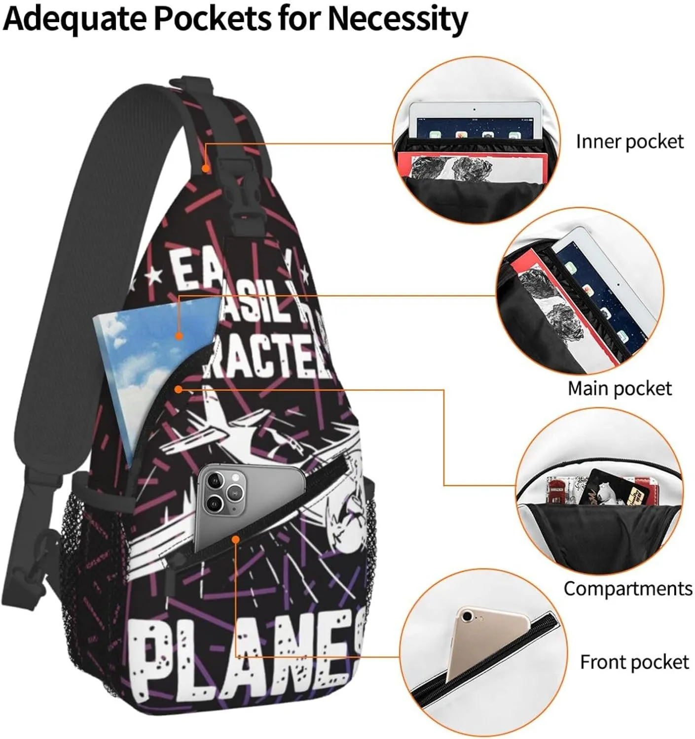 Easily Distracted By Airplanes Bright Small Crossbody Backpack Sling Bag For Men Women Mini One Shoulder Chest Bags Gym Sport Travel Hiking Daypack
