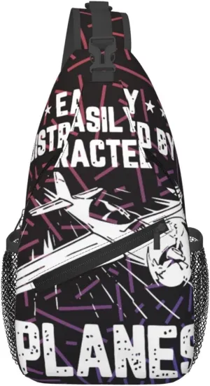 Easily Distracted By Airplanes Bright Small Crossbody Backpack Sling Bag For Men Women Mini One Shoulder Chest Bags Gym Sport Travel Hiking Daypack