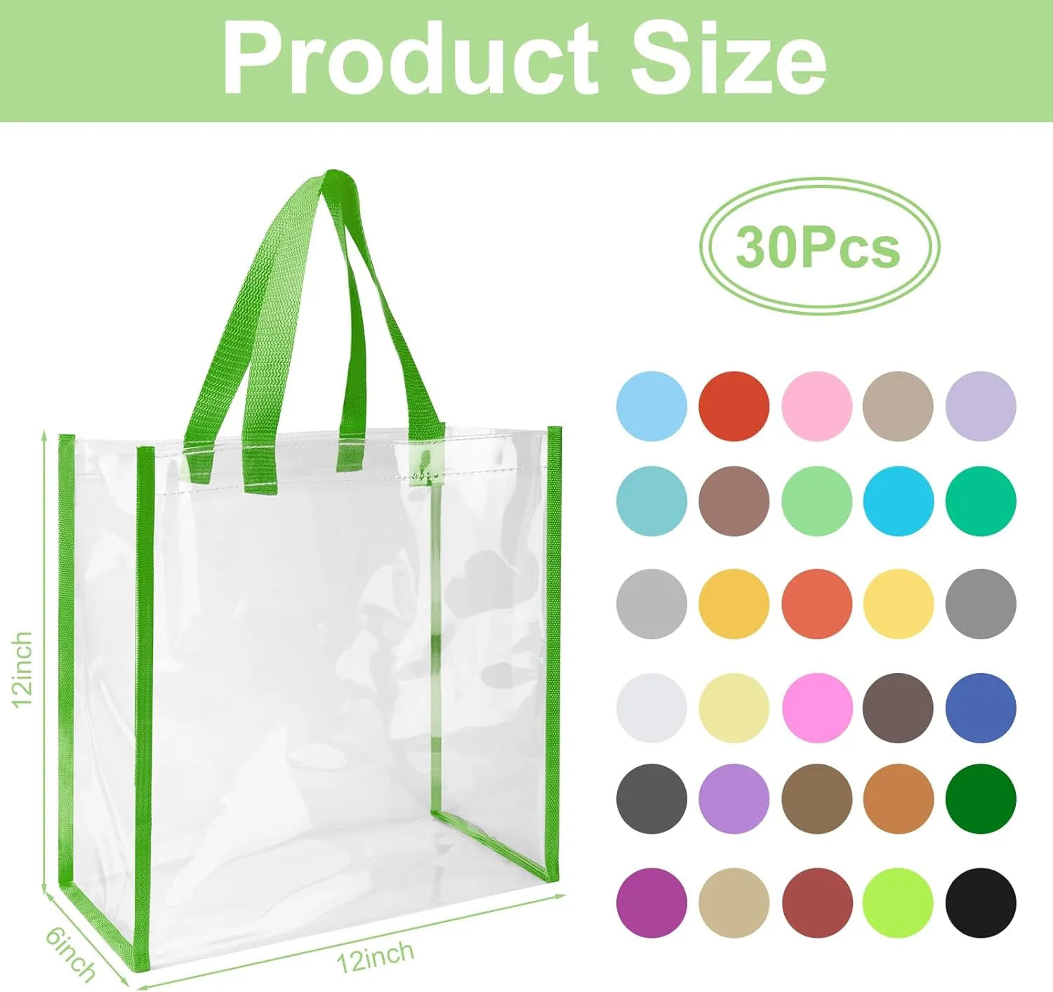 Eccliy 30 Pack 12x12x6 Inch Clear Tote Bag Stadium Approved Bulk Plastic Tote Gift Bag with Handle for Gym Sports Beach
